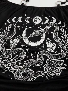 ROMWE Goth 哥特式深色夏日海滩，女式露肩喇叭袖蛇皮、月亮和星星印花串珠 T 恤