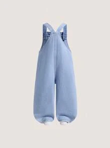 Baby Girl Distressed Denim Bib Pants, Loose Fit Printed All-In-One Long Pants - Blue - View 2
