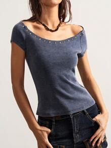 Bohemela Vintage American Casual Solid Color Washed Knit Rivet Off-Shoulder Women T-Shirt - Grey - View 7