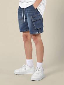 SUMWON Kid's Summer Denim Cargo Shorts Cotton Jean Drawstring Waist Casual Sport Everyday Loose Fit Outdoor Adventure Play Comfort