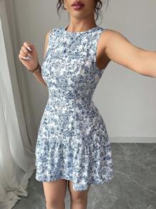 Elenzga Boho Elegant Flower Print Sleeveless Cinched Waist Mini Dress For Women, French Style Woven Graduation Summer Outfit, Spring/Summer