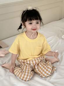 Dazy Kids 2pcs Baby Girl Solid Color Short Sleeve T-Shirt And Plaid Casual Loose Pants Homewear Set Toddler - Yellow - View 4