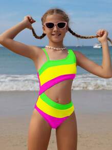 SHEIN Tween 女童拼色不对称领口霓虹色连体泳衣，腰部镂空设计，紫色沙滩装 - 彩色 - 查看 6