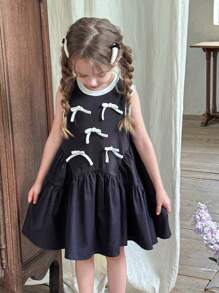 LMoss Kids Vestido ajustado sin mangas de cuello redondo de punto con diseño de parches y bajo acampanado para niña - Azul - Ver 8
