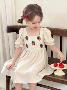 LMoss Kids Young Girls' Woven Solid Color Strawberry Print Slip Dress