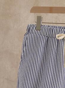 HIMLAND 男士抽绳腰条纹印花短裤及膝短裤，适合送给丈夫、男朋友的礼物 - 藍白色 - 查看 4