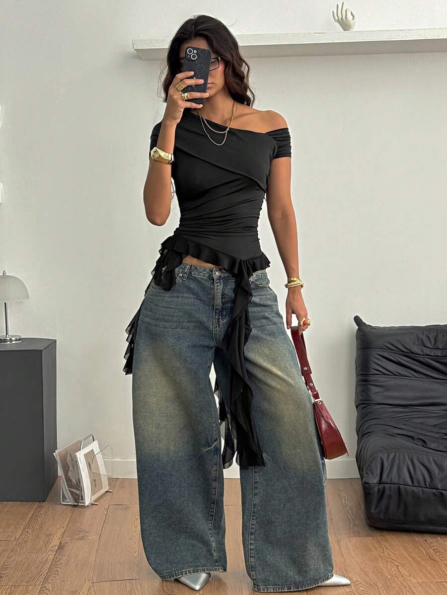 Coolane Women's Y2K Break Modest Summer Asymmetrical Shoulder Black Ruffle Stretchy T-Shirt For Festival - Black - View 1