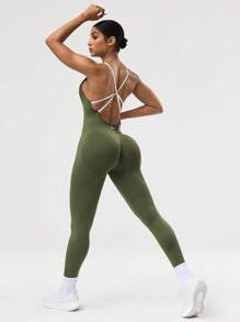 Seamluxe SHEIN Sport Macaquinho Esportivo Ioga Justo Sexy com Cruzamento nas Costas, Sem Manga, Feminino