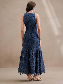 Anewsta Váy ren hoa cổ yếm cho nữ, váy bó thanh lịch, mùa hè, lễ hội, ngày lễ, kỳ nghỉ, thanh lịch, giản dị - Màu xanh hải quân - Xem 2