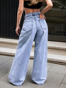 RueChic PANTALONI DONNA A VITA BASSA E GAMBA LARGA CON LAVAGGIO VINTAGE IN BLU CHIARO