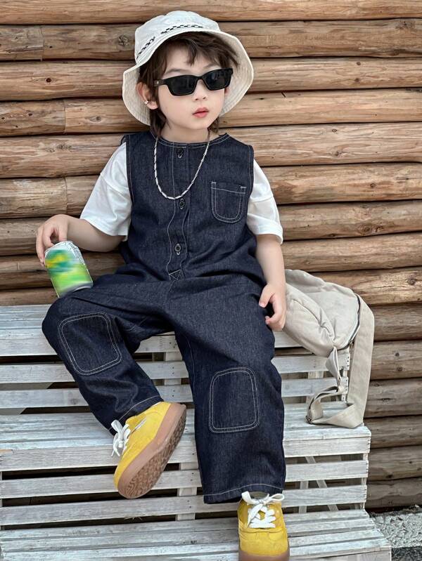 Dazy Kids Young Boy Round Neck Button-Up Half Placket Casual Denim Jumpsuit