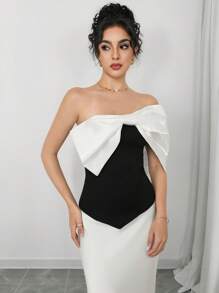 Modelyn Women's Elegant Color Block Bow Detail One Shoulder Top, Summer - Black and White - View 6