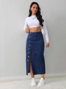 SHEIN Tall 女士牛仔裙休闲宽松侧开叉蓝色中长裙高腰女裙浅蓝色裙子蓝色裙子冬季女装 - 深色水洗藍 - 查看 4