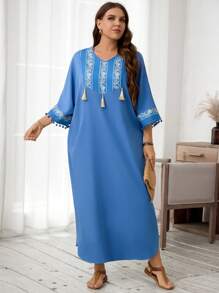 SHEIN LUNE Vestido con combinación única de estampados, detalles de encaje, ligero y cómodo, para festival, con parches florales y borde de felpa para mujer de talla grande, estilo campestre