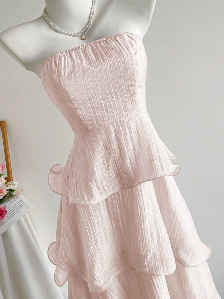 Elamini Solid Color Sexy Strapless Backless Multilayer Dress - Baby Pink - View 3