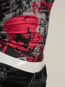 SHEIN ICON Women Y2k Going Out Dragon Print Asymmetrical Neckline Short Sleeve Fashionable T-Shirt,Everyday Wear