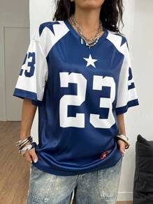 Coolane 女士和男士夏季情侣同款外出街头装数字图案足球球衣 T 恤 - 藍色 - 查看 4