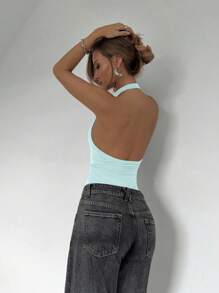 Roylia Women Metal Button Detail Knit Halter Bodysuit - Baby Blue - View 2