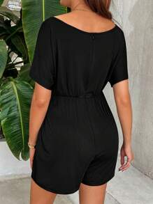 SHEIN Maternity Solid Color Batwing Sleeve Waist Summer Maternity Jumpsuit Casual - Black - View 2