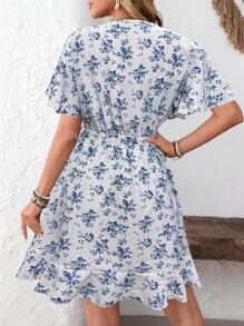 Breezaya 斑点狗印花蝴蝶袖荷叶边裹身下摆系带连衣裙度假海滩装女款 - 彩色 - 查看 2