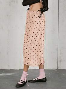 COUREZ 波尔卡圆点中长裙，Y2K 街头风夏季半身裙，可爱 - 粉色 - 查看 2