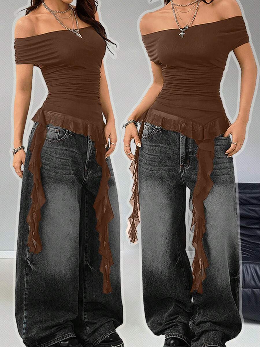 Coolane 女士休闲音乐节露肩网眼荷叶边不对称下摆上衣