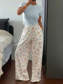DAZY 2 件女士蓝莓樱桃印花宽松裤和纯色短袖上衣睡衣套装 - 藍色 - 查看 3