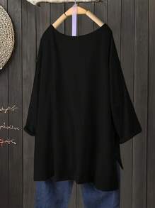 SHEIN EMERY ROSE CURVE Damen Große Größen V-Ausschnitt Seitenschlitz Locker geschnittenes Lässig T-Shirt mit Halbarm, Orange