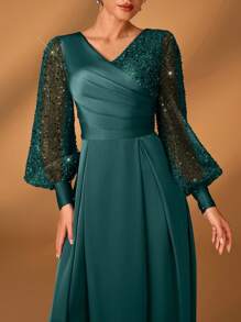 Serin Women's Teal Winter Formal Elegant Bridesmaid Evening Formal Sequins & Satin Patchwork Lantern Sleeve Wrap V Neck Ruched A-Line Hem Dress For Wedding - Dark Green - View 2