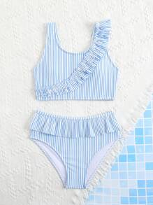 Bikini-Set mit gefaltetem Doppellagen für Mädchen im Teenager-Alter, aus blauem Spezialmaterial, stilvolles und elegantes Design, geeignet zum Schwimmen, für den Urlaub, Sommer-Outfit für Kleine Mädchen, Badeanzug-Set für Mädchen, Bikini-Set für Kinder, Zweiteiler-Badeanzug für Mädchen