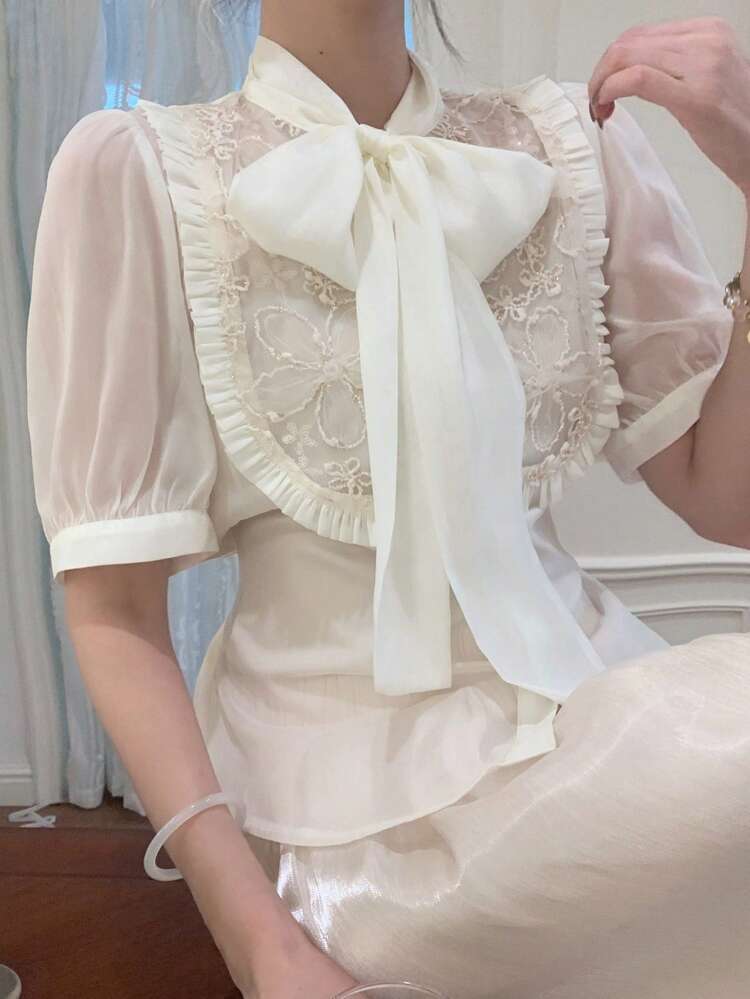 Women's Elegant Fabric Patchwork Bowknot Mesh Decor Short Sleeve Blouse, Summer