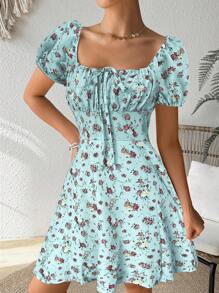 Chiquease 方领花卉腰带中长连衣裙 女士度假海滩装 - 藍色 - 查看 4