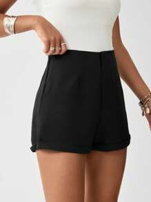 SHEIN Clasi Quần Short Ống Thẳng Lưng Cao Viền Cuộn Lên Màu Đen - màu đen - Xem 5