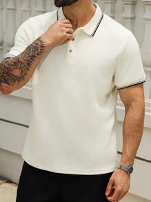 Manfinity Homme 菱形纹理针织面料夏季高端休闲男士 Polo 衫，适合外出和日常穿着，经典米色 T 恤，采用轻盈优雅的面料制成，时尚百搭，是送给男朋友或丈夫的理想礼物，加大码 - 杏色 - 查看 6