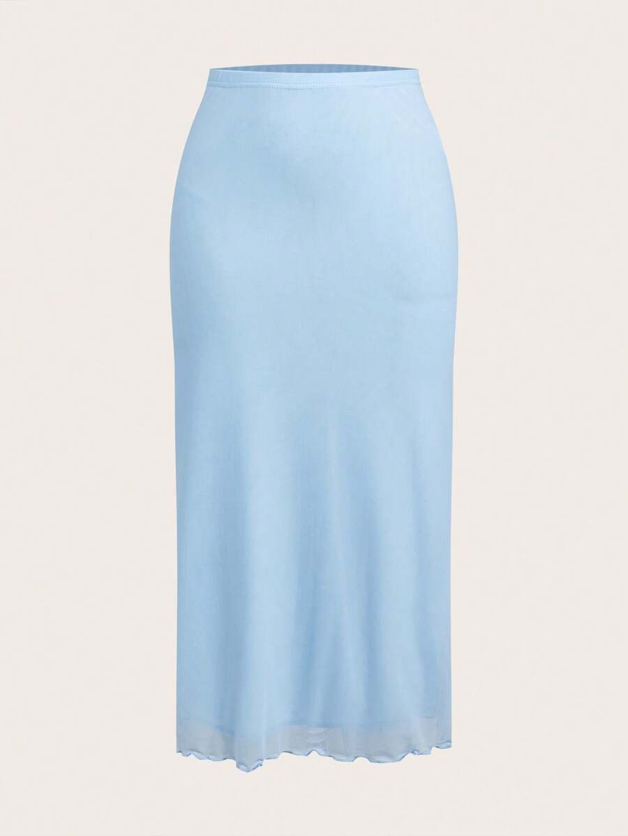 SHEIN EZwear 蕾丝下摆纯色夏季半身裙 - 淺藍色 - 查看 1