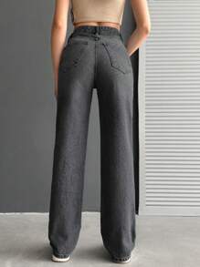SHEIN Cottnline 100%Cotton High Waist Straight Leg Jeans - Light Grey - View 2
