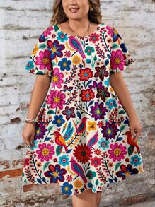 SHEIN CURVE+ Plus Size Casual Peter Pan Collar Shift Dress, Curve Plus, Boho Vacation - Multicolor - View 2