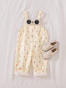 SHEIN Vintaside Kids Baby Girls 0-3 Years Infant Toddler Ditsy Floral Jacquard Strap Overall Jumpsuit, All-Match For Spring Summer All Season