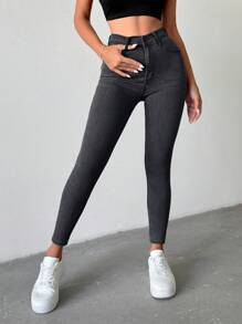 EURMUSE 97%纯棉女士时尚简约夏季纯色紧身牛仔裤