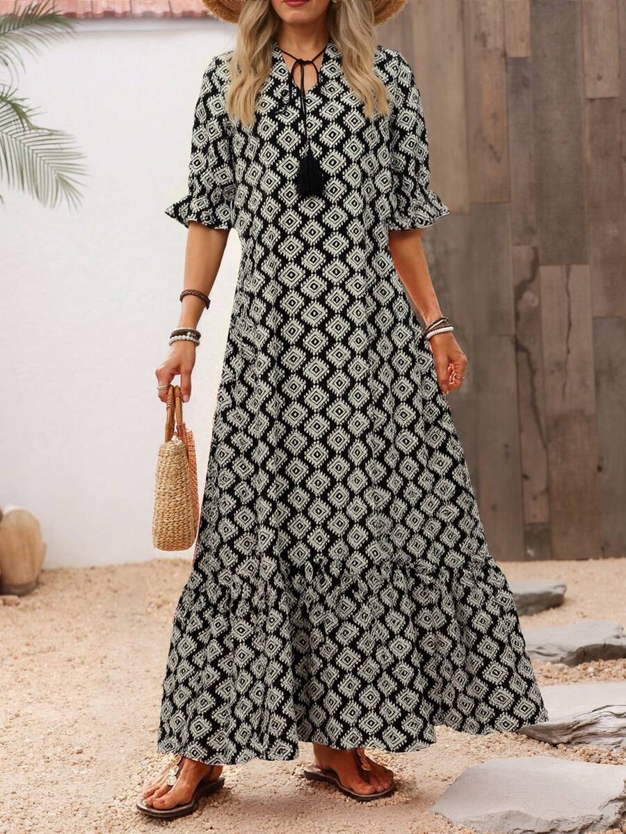 SHEIN LUNE 女士休闲宽松长款连衣裙 - 黑色 - 查看 1