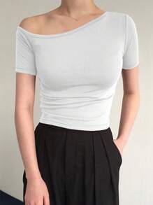 DAZY Women Short Sleeve Cropped Black Tee, Slim Fit Off Shoulder, Spring/Summer - White - View 3