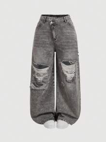 SHEIN MOD Oversized Black Jeans With Holes On The Wide Leg Comfortable Elastic Waistband Summer Casual Outfits