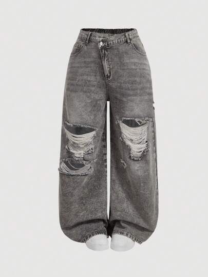 SHEIN MOD 大码宽松做旧直筒牛仔裤