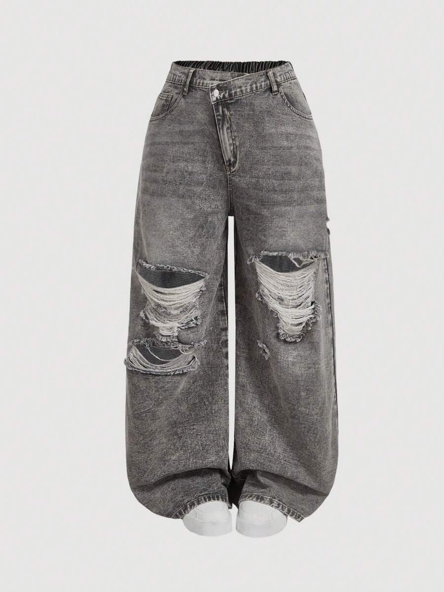 SHEIN MOD Oversized Black Jeans With Holes On The Wide Leg Comfortable Elastic Waistband Summer Casual Outfits