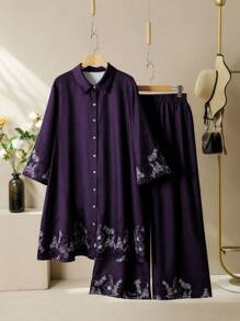 SHEIN Lacomfia Bộ quần ống rộng và áo sơ mi đơn sắc in họa tiết vải lanh giống tre dành cho nữ, cỡ lớn - Màu tím - Xem 1