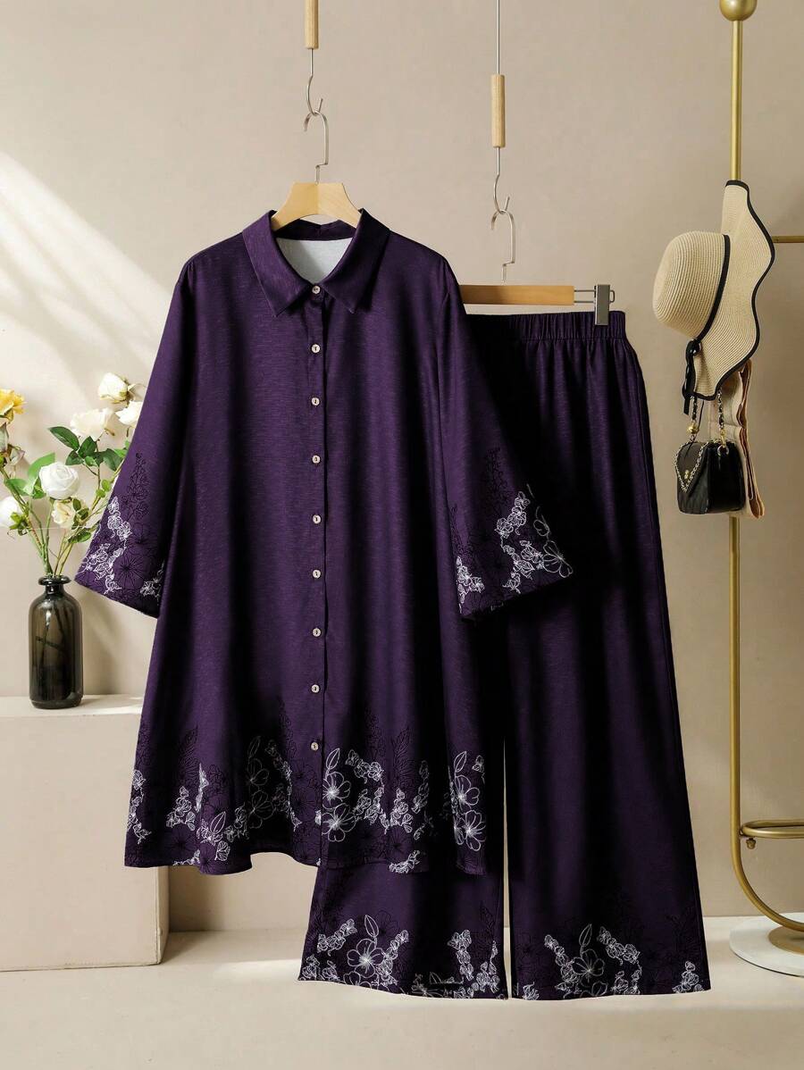 SHEIN Lacomfia Bộ quần ống rộng và áo sơ mi đơn sắc in họa tiết vải lanh giống tre dành cho nữ, cỡ lớn - Màu tím - Xem 1