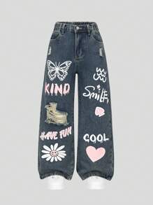 SHEIN Tween 女童中蓝色水洗做旧印花宽松阔腿休闲牛仔裤 - 深色水洗藍 - 查看 1