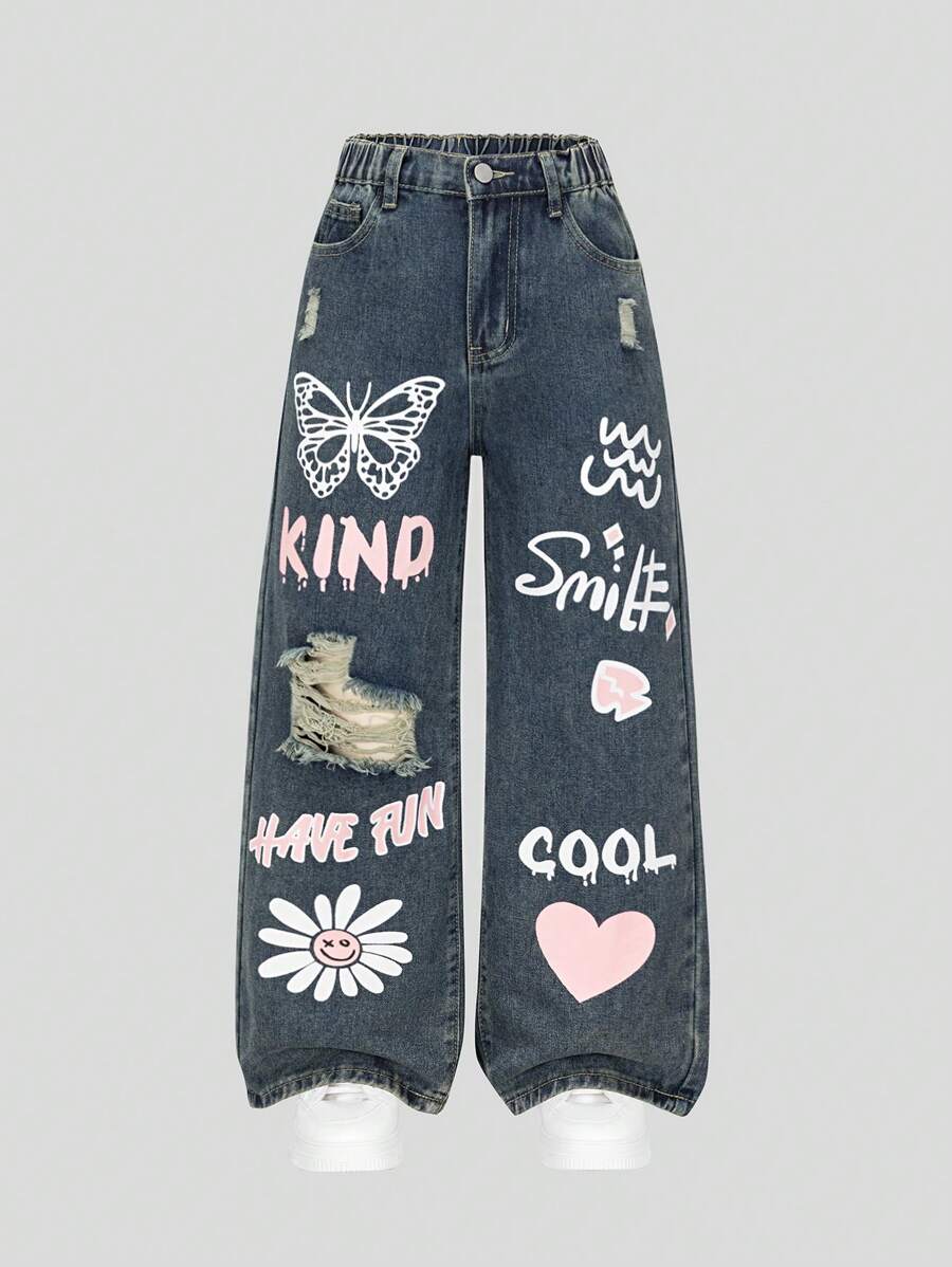 SHEIN Tween 女童中蓝色水洗做旧印花宽松阔腿休闲牛仔裤 - 深色水洗藍 - 查看 1