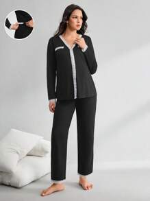 BloomMama Maternity Contrast Lace Trim Button Front Pajama Sleep Tee & Adjustable Waist Sleep Pants - Black - View 1