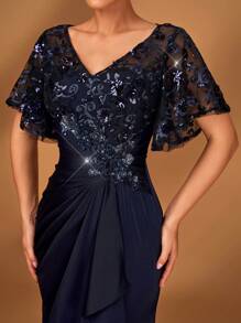 Serin Elegant Luxurious Sequin Floral Lace Patches Patchwork Stretch Satin Ruched Flounce Trim Sleeves Dress, Suitable For Wedding, Party, Holiday, Prom, Evening Gown, Mother Of The Bride - Navy Blue - View 3